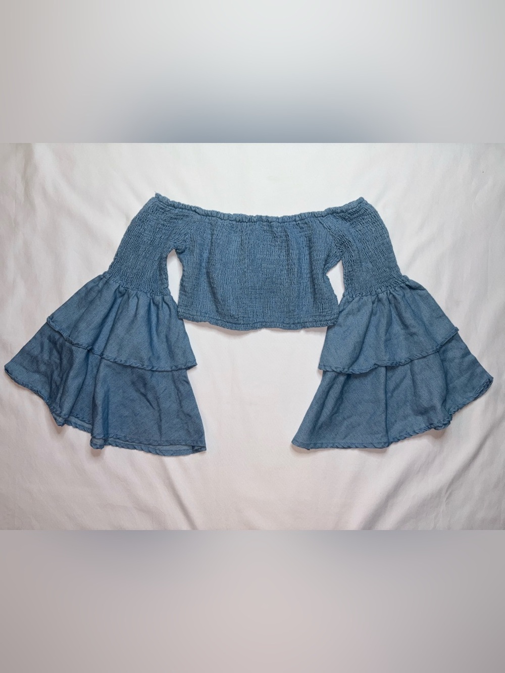 Windsor Light Wash Chambray Smocked Off Shoulder Bell Sleeve Crop Top Boho Chic